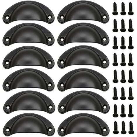12 Pièces Poignée de Porte Coquille, Rétro Poignées de Porte, Poignées de Meubles Traditionnelles en Demi Lune Avec Vis, pour Tiroir, Armoire, Commode (Noir)