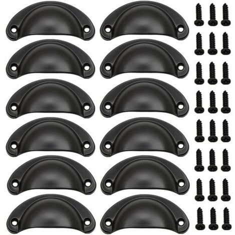 12 Pièces Poignée de Porte Coquille, Rétro Poignées de Porte, Poignées de Meubles Traditionnelles en Demi Lune Avec Vis, pour Tiroir, Armoire, Commode (Noir)