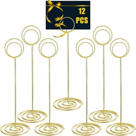 12 Pièces Porte-Numéros de Table, 22CM Grand Porte-Cartes Supports pour Tableaux en Fil Métallique pour Lieu Menu Mémo Nom Cartes dans Mariage Fête Réception Restaurant Maison Bureau (Dorés)