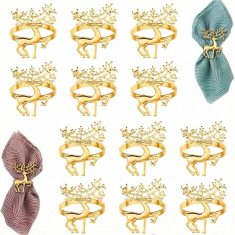 12 Pièces Rond de Serviette Noel,6 Pièces Renne Rond de Serviette Noel, pour Noel Decoration Table, Fête, Mariage, Thanksgiving (Doré)