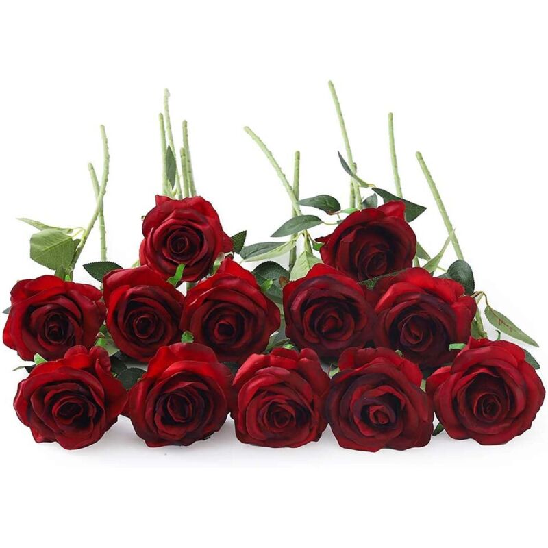 12 Pièces Rose Rouge Artificielles, Longues Tiges Fausse Roses Rouge en Soie pour Bouquet de Mariée, Décoration de Fête à la Maison, Hôtel, Jardin