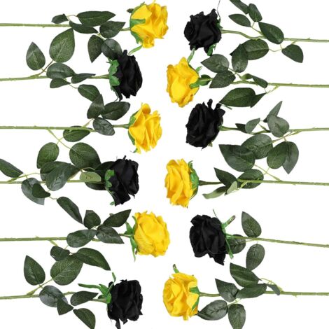 12 Pièces Roses Artificielles Bouquet De Fleurs Faux Soie Fleurs Home Wedding Party Decor(Noir, Jaune)
