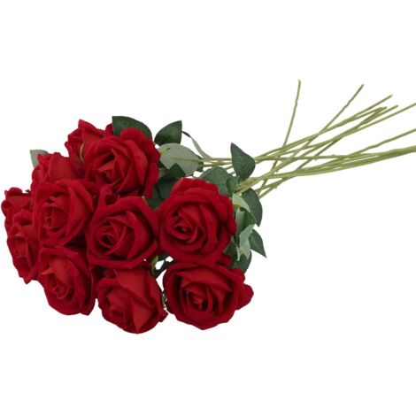 12 pièces Roses artificielles, Roses Rouges, Fleurs artificielles avec Longues tiges en Plastique pour Mariage, décoration d'intérieur