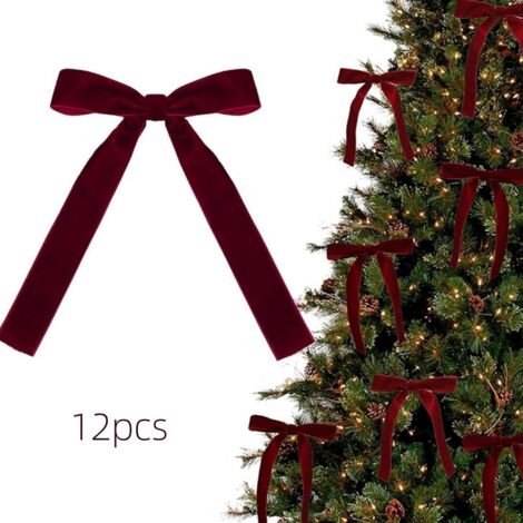 12 pièces rubans velours bordeaux pour sapin, ornements noël rouge avec cordon doré, décoration fête