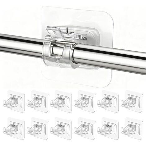 12 Pièces Support Tringle Rideaux sans Percage, Crochet Rideau Adhesifs Transparent avec Accroche Barre Porte pour Porte-Serviettes, Salle Bain, Hôtel, Cuisines