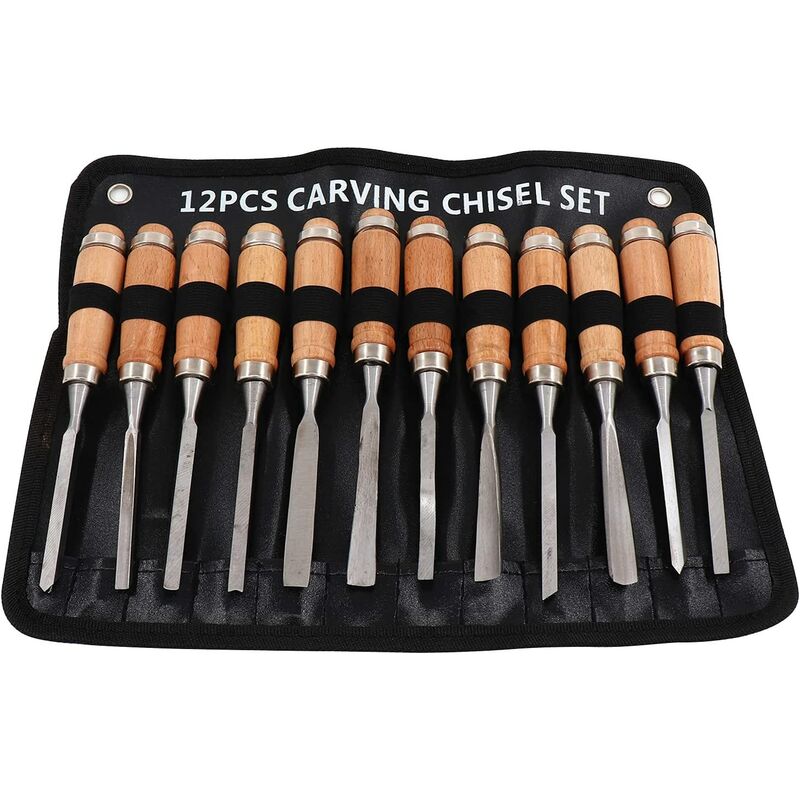 Image of 12 Pieces Wood Chisel Sets with Cases Professional Wood Carving Chisel Carpenter Carving Firmer Gouge Chisel Woodworking Tool Steel Soft Handles