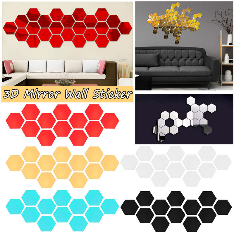 

12 piezas 3D pegatinas de pared hexagonal espejo vinilo calcomanía extraíble decoración del hogar arte DIY (negro, 12 piezas)