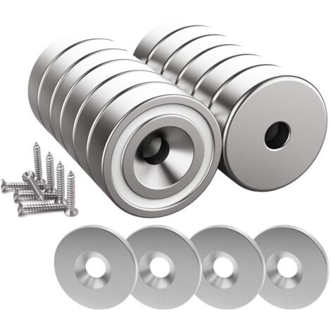 12 piezas Imanes de Neodimio 10 KG de fuerza 20 x 7 mm con agujero y cápsula, imán de olla avellanada con tornillo y 12 almohadillas de acero