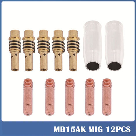 12 piezas soldador Mig sin gas 15AK MIG/MAG puntas de contacto de boquilla de soldadura soporte de conector de Gas de 1,0mm, boquilla de Gas cónica, soporte de punta de contacto, consumibles de antorc