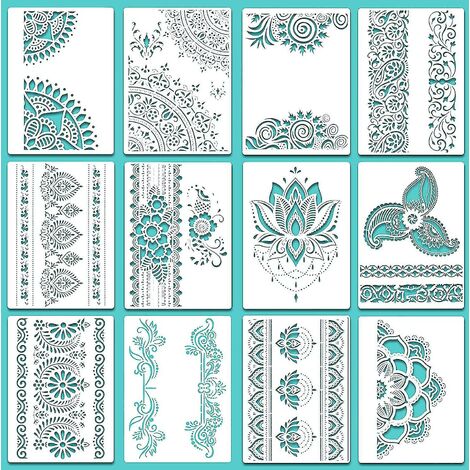 12 plantillas de mandala grandes reutilizables, plantillas de pintura de mandala, diseño floral de 8.3 x 11.7 pulgadas