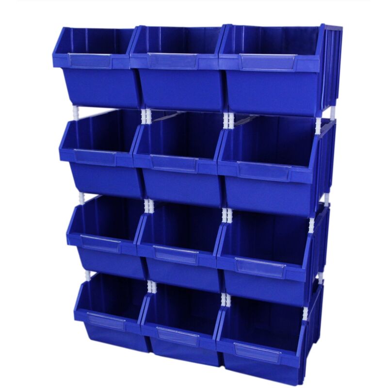 Monster Shop - 12 Plastic Storage Bins Stacking Boxes Parts Storage Set - Blue