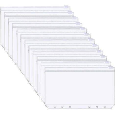 12 Pochettes A6 PVC Transparentes à Anneaux pour Classeur, Pochette Zippée Économique Argentée
