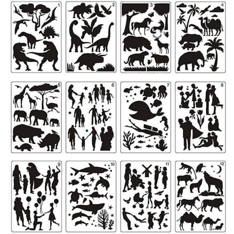 12 pochoirs de peinture mandala, parfaits pour dessiner des animaux, sur support ajouré pour vos créations artistiques.