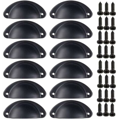 12 Poigne de Coquille Meuble Vintage pour Tiroir Armoire Meuble Cuisine Fer Incurv Bouton de Porte de Placard Retro 8135mm Noir
