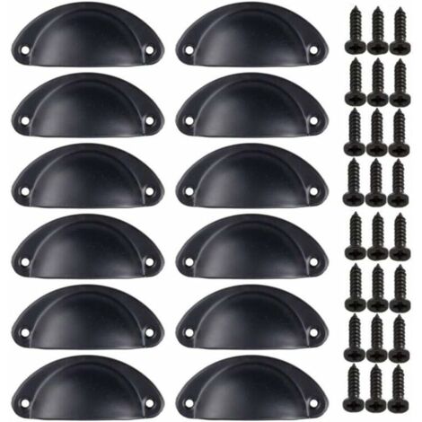 12 Poigne de Coquille Meuble Vintage pour Tiroir Armoire Meuble Cuisine Fer Incurv Bouton de Porte de Placard Retro 8135mm Noir