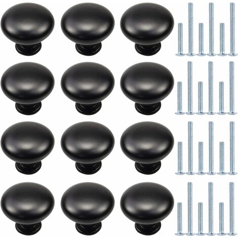 12 Pomelli per Armadietti, Maniglie per Cassetti con Viti di 2 Dimensioni, Maniglie per Armadietti Neri, Maniglie per Cassetti Rotondi, Pomelli per Porte per Cucina, Ufficio, Camera da Letto, Armadio