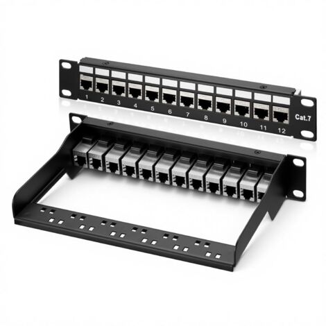 12-Port CAT7 1HE 19" Patchpanel – Rackmontage – Geschirmt – Kompatibel mit Keystone-Modulen (CAT5/CAT6/CAT7/CAT8) – Für 10-Gbit/s-Netzwerke – 600 MHz – Schwarz – Leeres Gehäuse