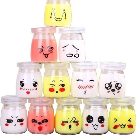 12 Pot Yaourt en Verre avec Couvercles Décor émoticône différents, Bocal Crème Dessert Contenance 100 ML