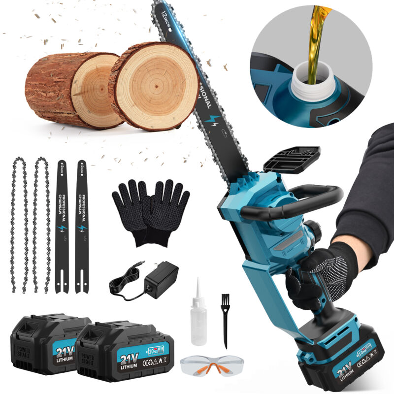 Circlio - 12 Pouces Tronconneuse a Batterie, Mini Tronçonneuse Électrique Sans Fil Brushless à Batterie 12000mAh, avec Injecteur de Lubrifiant de la