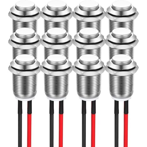 12 pulsadores momentáneos de 12 mm, 2 A, 12 V/24 V/125 V/250 V CA, carcasa metálica con precableado, IP65, resistente al agua (cabezal hacia arriba)