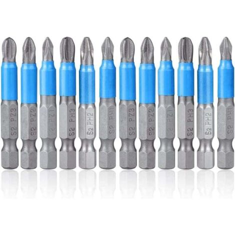 12 puntas de destornillador Phillips magnéticas, punta de destornillador Phillips antideslizante, punta de destornillador magnético de vástago hexagonal de 50 mm PH1 PH2 PH3 PZ1 PZ2 PZ3 para herramien