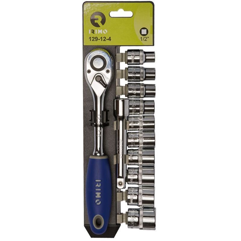 1/2-Zoll-Steckschlüsselsatz, 10 Steckschlüsseleinsätze (10–24 mm), 125-mm-Verlängerung und Ratsche 129-12-4 Irimo
