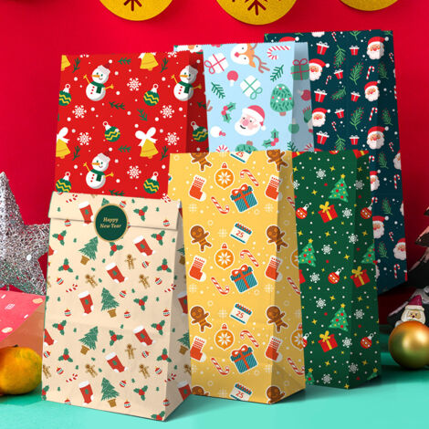 12 sacs cadeaux de Noël 21,8 x 11,9 cm – Motifs bonhomme de neige, pain d'épices, Père Noël et sapin  Cadeaux de fête en papier kraft pour les fêtes