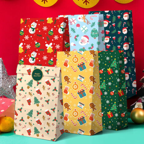 12 sacs cadeaux de Noël 21,8 x 11,9 cm – Motifs bonhomme de neige, pain d'épices, Père Noël et sapin  Cadeaux de fête en papier kraft pour les fêtes