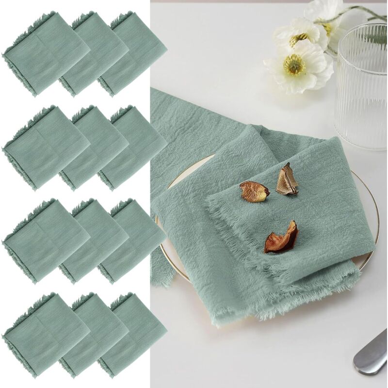 12 serviettes table 45x45 cm avec franges – lin lavable – Vert – pour hôtels, mariages, fêtes