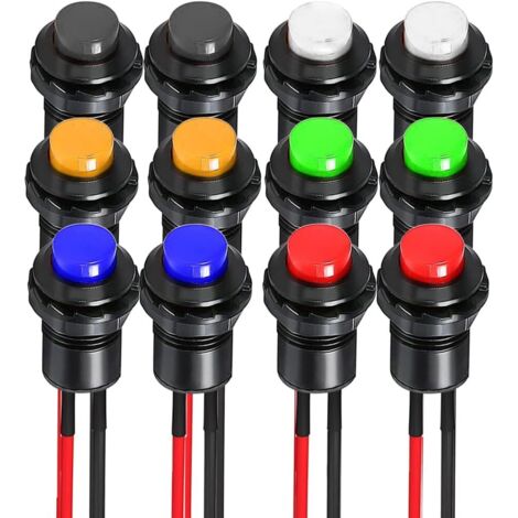 12 Stück 12 mm vorverdrahtete SPST-Ein/Aus-Verriegelungs-Drucktaster, AC 250 V/1,5 A 125 V/3 A, Mini-Rund-Verriegelungs-Wippschalter für Tischlampen, Haushaltsgeräte