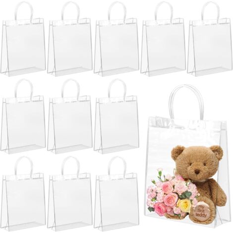 12 Stück Geschenktüten Transparent, 26 x 20 x 8 cm Durchsichtige Geschenktüten Mit Griffen, Wiederverwendbare Geschenktüten für Partygeschenke, Hochzeit, Geburtstag und Einkaufen