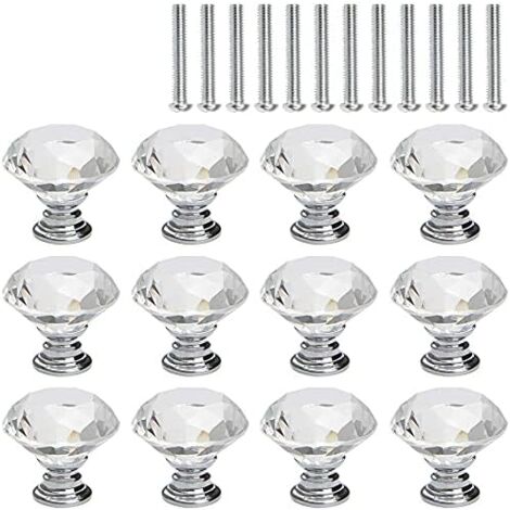 12 Stück Kristall-Schrankknäufe, Schrank-, Schubladen- und Türknaufgriffe, transparenter Kristallglas-Diamant, silberne Basis