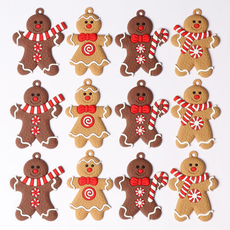 12 Stück schokoladenfarbene Lebkuchenmann-Weihnachtsdekoration, Lebkuchenmann-Dekoration zum Aufhängen am Weihnachtsbaum, Christbaumschmuck, Anhängerdekoration mit Kunststoffseil