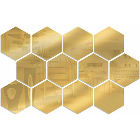 VOLAVO 12 Stück Spiegel-Wandaufkleber, sechseckige Wandaufkleber, abnehmbarer dekorativer Acrylspiegel, DIY-Heimdekorationen, Gold – Gold