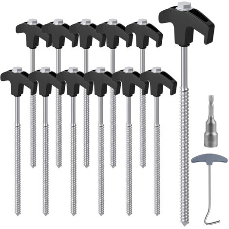 12 Stück Stahl-Zeltnägel mit Bohrer und Nagelzieher, 25 cm lange Zeltnägel, Camping-Zelthaken für harte Oberflächen, Gras - Schwarz + Silber
