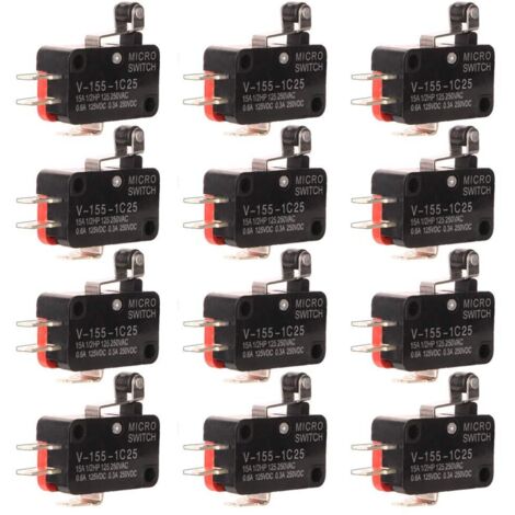 12 Stück V-155-1C25 Mikro-Endschalter, SPDT-Momentan-Drucktaster mit Scharnierrolle und Schnappmechanismus, ideal für Haushaltsgeräte und elektronische Geräte