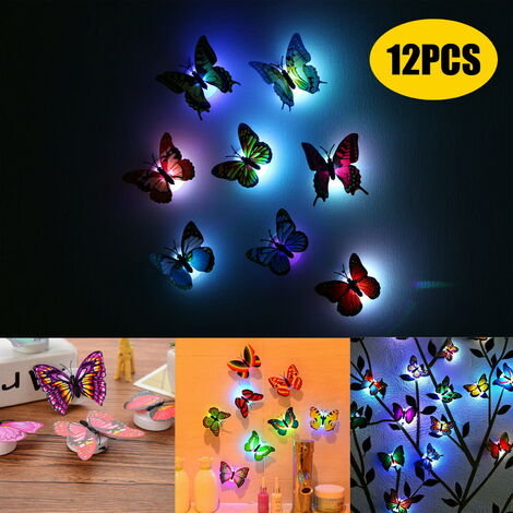 12 STÜCKE Luminous Butterfly 3D Wandaufkleber, LED Auto Farbwechsel DIY Home Wall Decor Nachtlicht Schmetterling Aufkleber Abnehmbare Wandaufkleber für Wandkunst Dekoration Kinderzimmer Schlafzimmer W