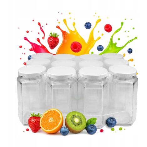 12 tarros de cristal de 385 ml con tapa hexagonal para miel y zumo de pepino.