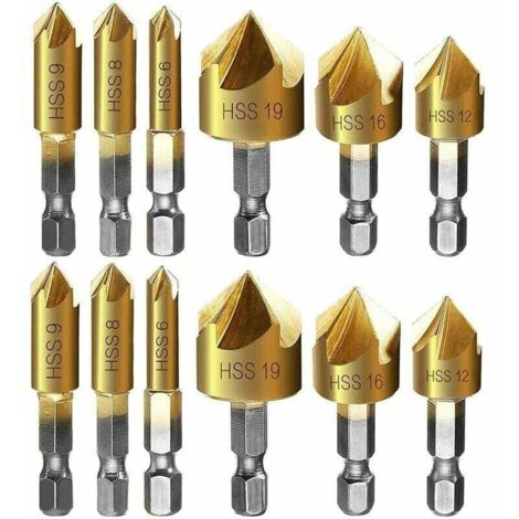 12-teiliges Metall-Fasenschneider-Set mit Sechskantschaft, selbstzentrierendem Körner, Fasenbohrern (6 mm, 8 mm, 9 mm, 12 mm, 16 mm, 19 mm)