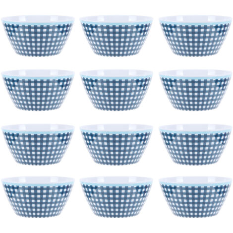 12-teiliges Salatschüssel-Set (15 cm Durchmesser), Servieroptik Porzellan, dunkelblaues Gittermuster