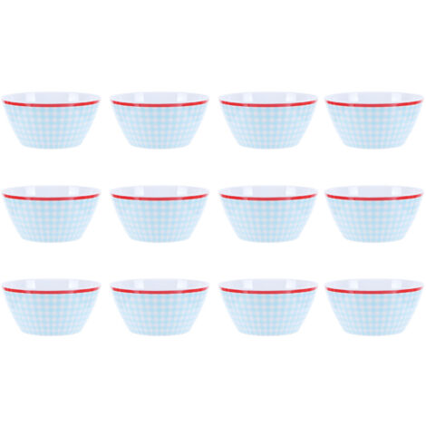12-teiliges Salatschüssel-Set (15 cm Durchmesser), Servieroptik Porzellan, hellblau kariert