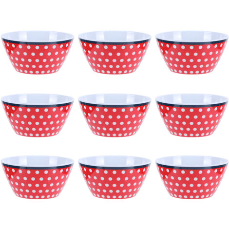 12-teiliges Salatschüssel-Set (15 cm Durchmesser), Servierset in Porzellan-Imitation, Design mit rotem Punkt