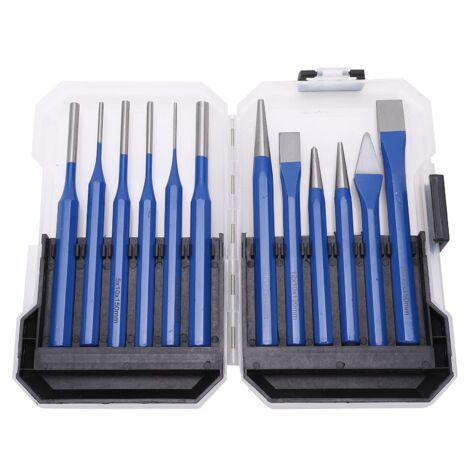 12-teiliges Stanzwerkzeug-Set (konisch, zylindrisch, flach), blauer Griff, inklusive abschließbarem Kunststoffkoffer für technische Wartung