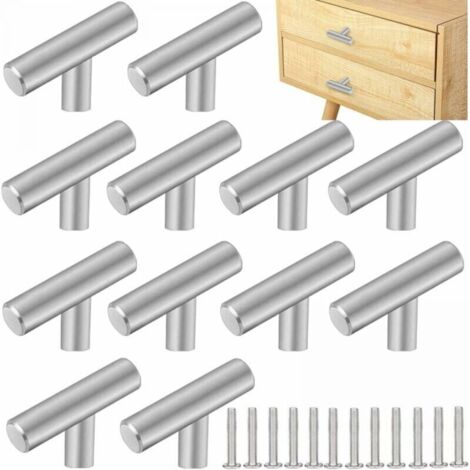 - 12 tiradores de acero inoxidable para armario de cocina (50 x 32 mm), color plateado, para muebles, puerta en forma de T, un solo orificio, para cajón, color plateado