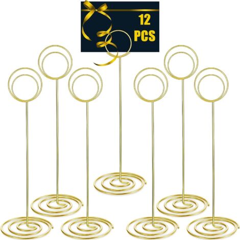 12 Tischnummernhalter, 22 cm große Drahtkartenhalter für Menükarten, Namensschilder, Hochzeitsfeiern, Restaurants, Homeoffice (Gold)