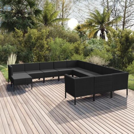 12-tlg. Garten-Lounge-Set mit Auflagen Poly Rattan Schwarz vidaXL