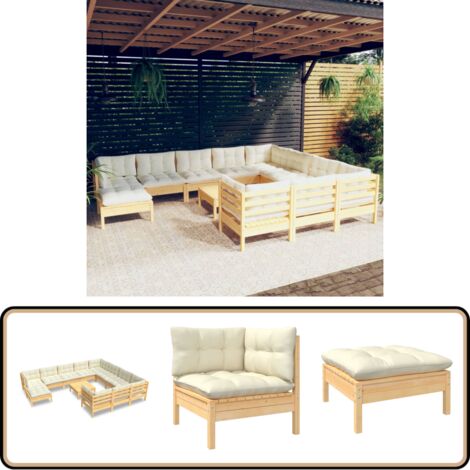 12-tlg. Garten-Lounge-Set mit Creme Kissen Kiefernholz - Garten Lounge Set - Kiefernholz Möbel - Outdoor Wohnzimmer - Gartenmöbel - Loungesessel