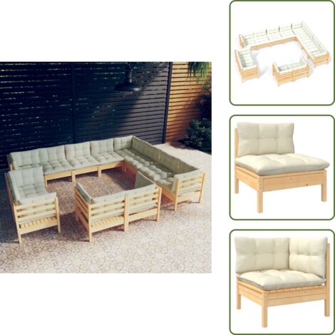 12-tlg. Garten-Lounge-Set mit Creme Kissen Massivholz Kiefer - Gartensaison - Lounge Set - Gartenmöbel - Kiefernholz Möbel - Outdoor Furniture