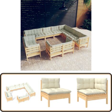 12-tlg. Garten-Lounge-Set mit Creme Kissen Massivholz Kiefer - Gartensaison - Lounge Set - Gartenmöbel - Kiefernholz Möbel - Outdoor Furniture