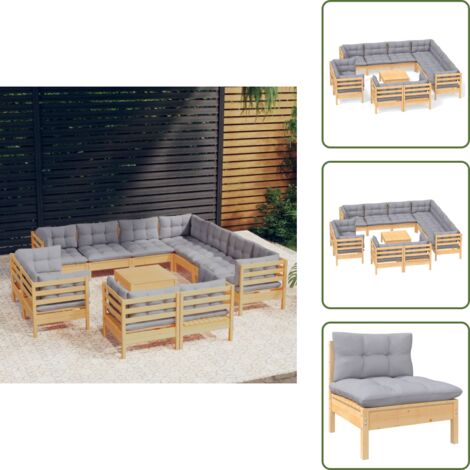 12-tlg. Garten-Lounge-Set mit Grauen Kissen Massivholz Kiefer - Gartenmöbeln - Lounge Set - Outdoor Möbel - Gartenmöbel Set - Kiefernholzmöbel